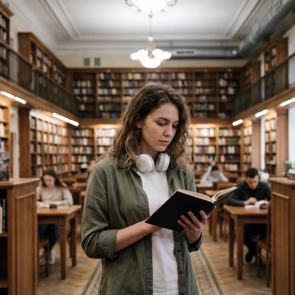 Дівчина читає книгу в бібліотеці